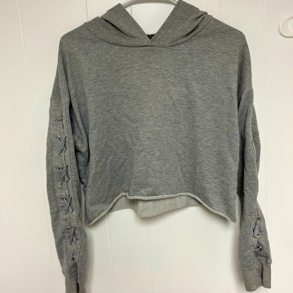 Rue21 Grey Cropped Long-Sleeve Hoodie with Lace-Up Details on Sleeves